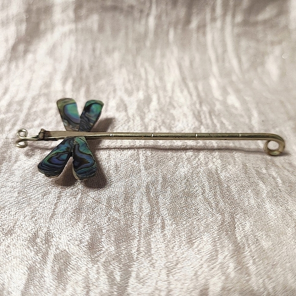 Abalone Shell Alpaca Mexico Signed Sterling Dragonfly Long Bug Vintage Brooch - Picture 2 of 10